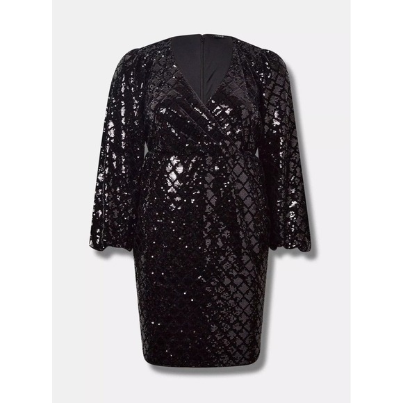 torrid Dresses & Skirts - Torrid Sequin Velour Mini Dress 12 Black Surplice Long Sleeve Geometric